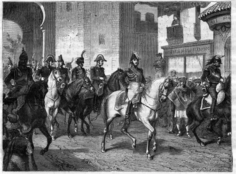 Belagerung und Eroberung von Valencia durch die französische Armee unter dem Befehl des Marschalls des Empire Graf Suchet am 9. Juli 1812 - Einzug des Marschalls Louis Gabriel Suchet in Valencia im Jahr 1812 - in „Histoire de l