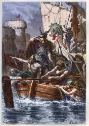 Belagerung von Paris (885-887): Invasion der Normannen (Wikinger) im Jahr 886 - der Wikingeranführer Rollo (Rollon) der Wanderer greift Paris im Jahr 885 n. Chr. über die Seine an - Stich aus „L