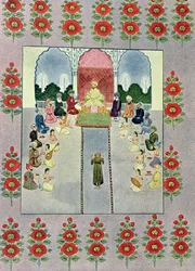 Sindbad der Seefahrer empfängt Sindbad den Träger, Illustration für Sindbad der Seefahrer, aus Tausendundeine Nacht, 1895
