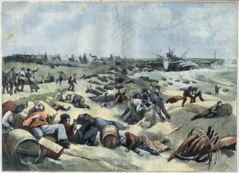 Plünderung eines französischen Schiffs beladen mit Weinen durch die Bewohner der Insel Wight, in "Le Petit Parisien"