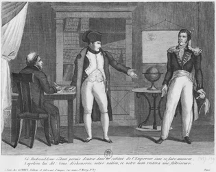 Sir Hudson Lowe betritt das Arbeitszimmer von Napoleon I. (1769-1821) auf der Insel St. Helena ohne Ankündigung