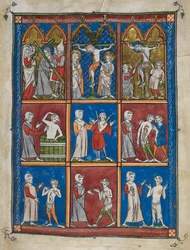 Die Chirurgia: Neun Miniaturen, die biblische und medizinische Szenen zeigen. Oben, Christus trägt das Kreuz; Maria und St. Johannes am Kalvarienberg; Christus erhält Essig und wird mit der Lanze durchbohrt. Mitte und unten, Ärzte behandeln Patienten für v