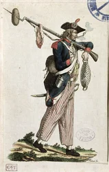 Soldat der Französischen Revolution mit einem Bajonett, an dem ein Brotlaib und ein Stück Fleisch befestigt sind: L