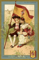 Spanischer Junge und Mädchen, aus einer Serie von Illustrationen von Kindern aus verschiedenen Ländern, produziert als Werbekarten für das Bon Marché Kaufhaus in Paris, ca. 1890