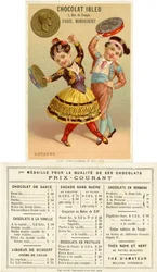 Spanische Kinder tanzen mit Tamburinen aus Peseten, aus einer Serie von Werbekarten über Währungen in verschiedenen Ländern, veröffentlicht in Paris von Vieillemard für Chocolat Ibled, 1886-95