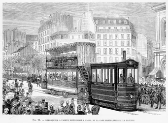Dampfschlepper für erfahrene Straßenbahnwagen in Paris, von der Montparnasse-Station zur Bastille - in „The new conquests of science“ von Louis Figuier