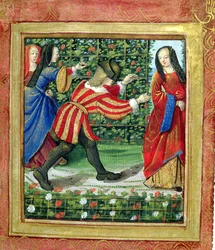 Mann und Frau spielen Blindekuh, aus dem 