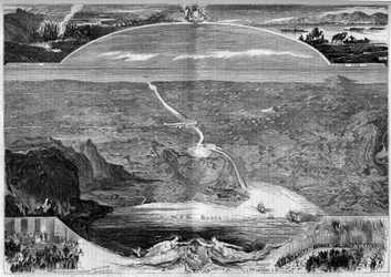 Suezkanal: Panoramablick auf das Loch im Isthmus von Suez (Ägypten), dessen Bau 1859 begann. Gravur von Morin in „Die illustrierte Welt“ Nr. 84 vom 20. November