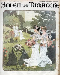 Sommerallegorie: Frauen in weißen Kleidern halten sich an den Händen mit Körben voller Rosen in einem Garten und andere pflücken Äpfel aus einem Obstgarten