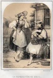 Schweizer Kostüme - Berner Steinbock - Gravur in „Les sources de mon oncle - Erinnerungen und Reiseberichte“ von Moring Michel - Ende des 19. Jahrhunderts.