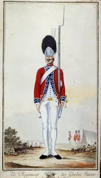 Schweizergarde. Tafel 16 in „Compendium der Militäruniformen der französischen Truppen unter Ludwig XVI.“ Lithographie von 1779. Dim. 0,23x0,16 m. Paris, Armeemuseum