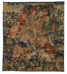 Wandteppichfragment, Darstellung einer Wildschweinjagd, aus Arras