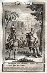 Telemachus in den Champs Élysées wird von Arcesius erkannt - Gravur von 1798 nach Monnet in „Les Aventures de Télémaque, fils d