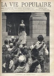 Terror während der Französischen Revolution (1793): Eine junge Frau steigt die Stufen eines Revolutionsgerichts vor einer wütenden Menge hinab, die sie bedroht. Illustration für 