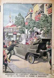 Die Ermordung von Erzherzog Franz Ferdinand von Österreich (1863-1914) und seiner Frau, Herzogin Sophia, durch Gavrilo Princip (1895-1918) in Sarajevo, 28. Juni 1914, aus Le Petit Journal, 12. Juli 1914
