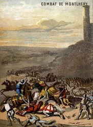 Die Schlacht von Montlhery (1227): Die Königreiche und die Feudalität - Blanche de Castille, Regentin ihres Sohnes Ludwig IX., unterdrückt den Aufstand der großen Feudalherren. Chromolithographie der Serie Patriotische Erziehung durch Bild