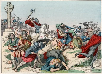 Die Schlacht von Poitiers am 25. Oktober 732, gewonnen von Karl Martell - Die Schlacht von Poitiers, 25. Oktober 732, gewonnen von Karl Martell (688-741) - Gravur aus dem Ende des 19. Jahrhunderts in „Nos Gires Nationales - Bilder und Erzählungen“.
