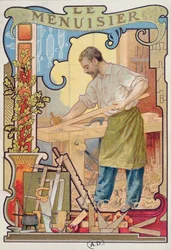 Der Zimmermann, Illustration aus einem Buch über Handwerke, ca. 1899