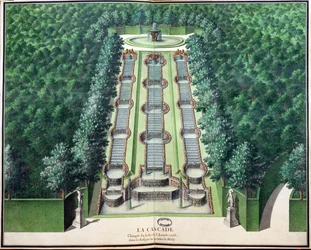 Der Wasserfall, verändert Ende 1706, im Hain auf dem Hügel, aus Gardens of Marly, frühes 18. Jahrhundert