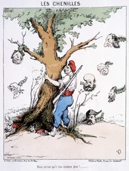Die Raupen: „Du wirst sehen, es wird keine mehr geben“ (ein Mann mit einer phrygischen Mütze schüttelt einen Baum, von dem großköpfige Raupen fallen: Thiers usw.). Karikatur über die Kommune.