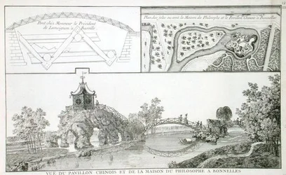 Der chinesische Pavillon und das Haus der Philosophie im Parc de Bonnelles, in der Nähe von Paris, aus 