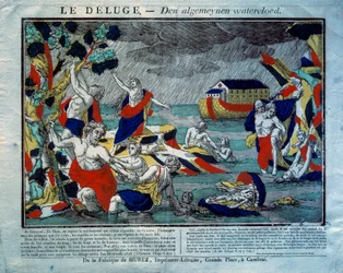 Die Sintflut, die Arche Noah rechts. Gravur aus dem 19. Jahrhundert. Paris, Museum für Volkskunst und Traditionen