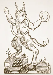 Der Teufel weist auf verborgene Schätze hin, Kopie einer Illustration aus Le Véritable Dragon Rouge, Lille 1521, verwendet in einer Geschichte der Magie, veröffentlicht im späten 19. Jahrhundert