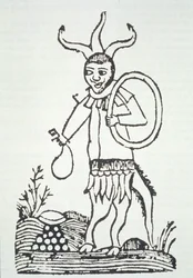Der Teufel weist auf verborgene Schätze hin, Kopie einer Illustration aus Le Véritable Dragon Rouge, 2. Version, Lille 1521, verwendet in einer Geschichte der Magie, veröffentlicht im späten 19. Jahrhundert