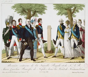 Das erste Treffen zwischen Louis XVIII (1755-1824) und Marie-Caroline-Ferdinande (1798-1870) von Bourbon, an der Croix de St. Herem im Wald von Fontainebleau, 15. Juni 1816, 1816-30