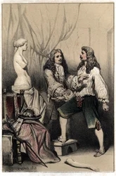 Der französische Bildhauer Pierre Puget (1620-1694) wurde verhaftet, weil er seine Venus nach dem mittelmäßigen Vorschlag seines Auftraggebers zu zerstören drohte. Platte aus „Szenen aus dem Leben berühmter Männer“, Gravur in zwei Farben von Valerio. 1843.