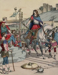 Der gallische Anführer Vercingetorix (72-46 v. Chr.) ergibt sich dem römischen Anführer Julius Caesar (100-44 v. Chr.) nach der Schlacht von Alesia im Jahr 52 v. Chr.