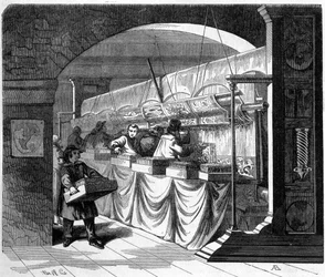 Die Gobelin-Manufaktur. Werkstattinterieur. Gravur aus dem 19. Jahrhundert.