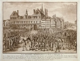 Die Köpfe von Launay und Flesselles vor dem Hôtel de Ville, 14. Juli 1789