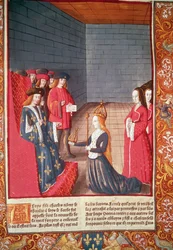 Die Heilige Römische Kaiserin Richilde von Provence in Compiegne überreicht Ludwig dem Stammler die Krone und das Zepter, die seinem Vater Karl II. 