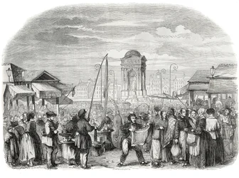 Die Unschuldigen marschieren in Paris mit dem Brunnen - Gravur in "Tableau-de-Paris" von Edmond Texier 1852
