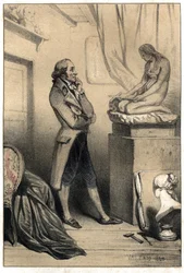 Der italienische Bildhauer Antonio Canova (1757 - 1822) vor der Skulptur „Madeleine penitente“. Platte aus „Scenes de la vie des hommes famous“ Gravur in zwei Tönen von Valerio. 1843.