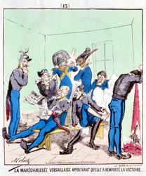 Die Maréchaussée Versailles erfährt, dass sie den Sieg errungen hat... Karikatur über die Pariser Kommune, um 1870.