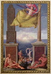 Die Säulen des Herkules, Frontispiz einer Sammlung von Karten von Katalonien und den Balearen von Pene, 1680