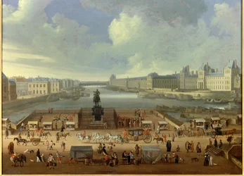 Die Pont Neuf gesehen vom Eingang zur Place Dauphine, dem Quai Malaquais, dem Collège des Quatre Nations, der großen Galerie und dem Louvre. Anonymes Gemälde