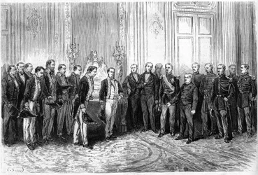 Der Präsident der Französischen Republik Adolphe Thiers (1797-1877) empfängt japanische Botschafter im Élysée-Palast. Gravur in „Le Monde Illustré“ Nr. 821 vom 4. Januar