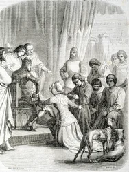 Die Königin von England (Philippa von Hennegau) bittet ihren Ehemann Edward III. um Gnade für die Einwohner von Calais (Episode der 6 Bürger von Calais)