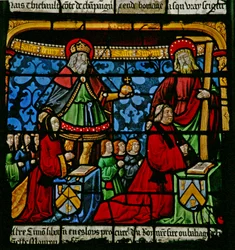 Das Fenster des Heiligen Ludwig: Die Stifter Henriette de Mauroy und Simon Liboron sind mit ihren Schutzheiligen St. Heinrich und Simon von Kyrene zu sehen