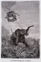Die Victoria von einem Elefanten gezogen - in „Fünf Wochen im Ballon“, Roman von Jules Verne