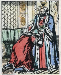 Der Sohn des Wesirs verzichtet auf die Heirat mit der Tochter des Sultans. Gravur der Geschichte aus Tausendundeine Nacht „Aladin und die Wunderlampe“. Epinal Imaging, Ende des 19. Jahrhunderts. Private Sammlung
