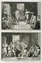 Die Hochzeitszeremonie und die Art der Scheidung in Kanada, Illustration aus Religiöse Zeremonien und Bräuche, graviert von Bernard Picart (1673-1733) 1723