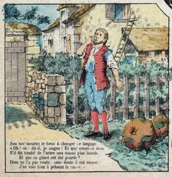 Die Eichel und der Kürbis. Fabeln von Jean de La Fontaine (1621-95). Epinal Imaging aus dem späten 19. Jahrhundert.