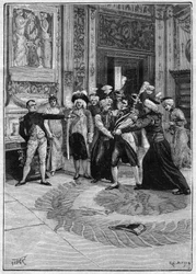 Die Verhaftung des Grafen von Neipperg (1775-1829) auf Befehl von Napoleon I. (1769-1821). Illustration von „Madame Sans Gene“ von Victorien Sardou (1831-1908) und Emile Moreau (1852-1922). Gravur in „La gazette du dimanche“ vom 21. November 1895.