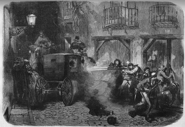 Die Ermordung von Juan Prim y Prats (1814-1870), spanischer General und Politiker, beim Verlassen der Cortes, in der Straße del Turco in Madrid am 28. Dezember 1870. Gravur in „Le Monde Illustré“ Nr. 724 vom 25. Februar 1871.