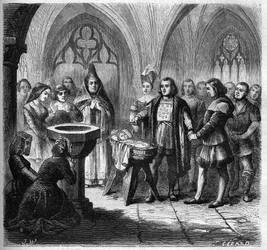 Die Taufe von John (Jehan) Ango (1488-1551), zukünftiger Navigator, in der Kirche Saint Remi in Dieppe. Gravur von 1865-1866.