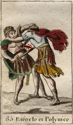 Die Brüder Eteokles und Polyneikes, Söhne des Ödipus, töten einander. Aus „Mythologie de la jeunesse“ von Pierre Blanchard, 1803.